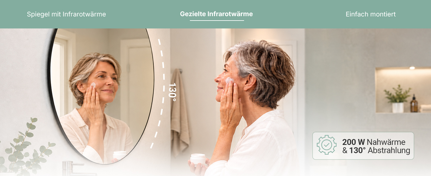 Runde Heidenfeld Infrarot-Spiegelheizung im Badezimmer mit 200 W Heizleistung und 130&deg; Abstrahlwinkel f&uuml;r angenehme Nahw&auml;rme.